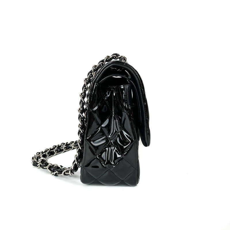 Double Flap Jumbo Quilted Patent Bag in Black with SHW