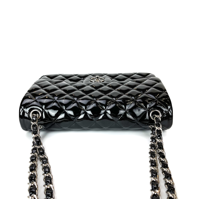 Double Flap Jumbo Quilted Patent Bag in Black with SHW