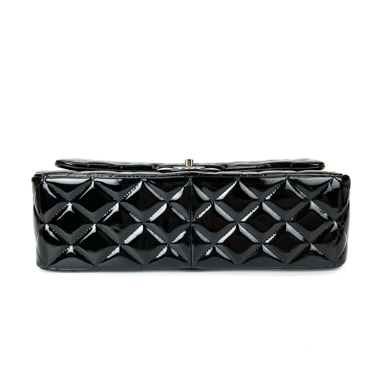 Double Flap Jumbo Quilted Patent Bag in Black with SHW