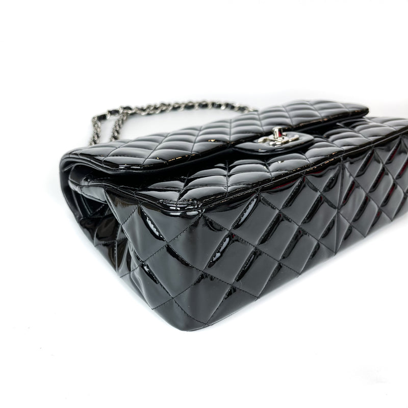 Double Flap Jumbo Quilted Patent Bag in Black with SHW