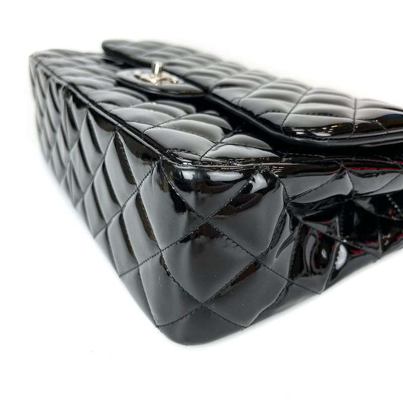 Double Flap Jumbo Quilted Patent Bag in Black with SHW