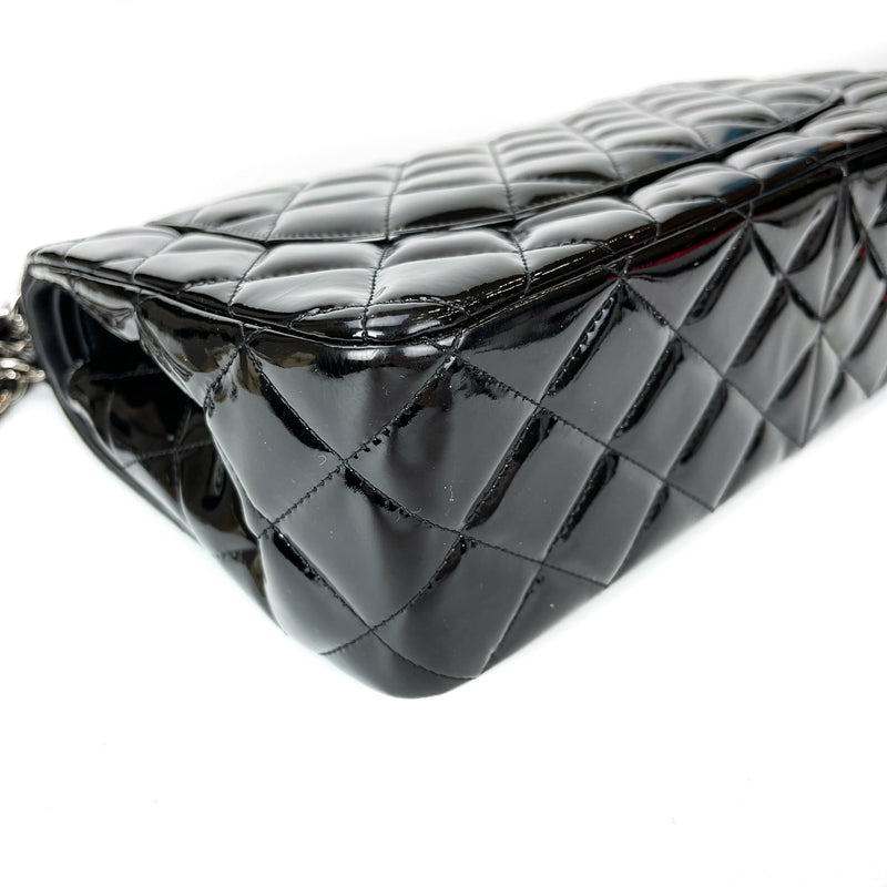 Double Flap Jumbo Quilted Patent Bag in Black with SHW