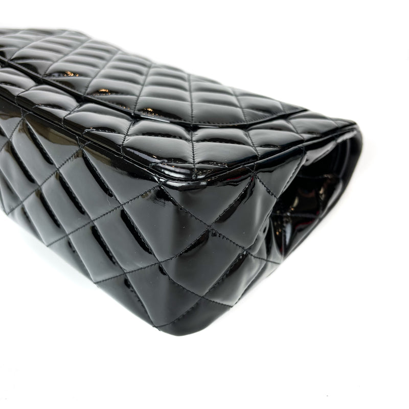 Double Flap Jumbo Quilted Patent Bag in Black with SHW