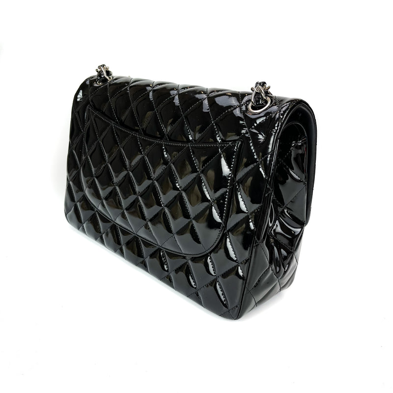 Double Flap Jumbo Quilted Patent Bag in Black with SHW