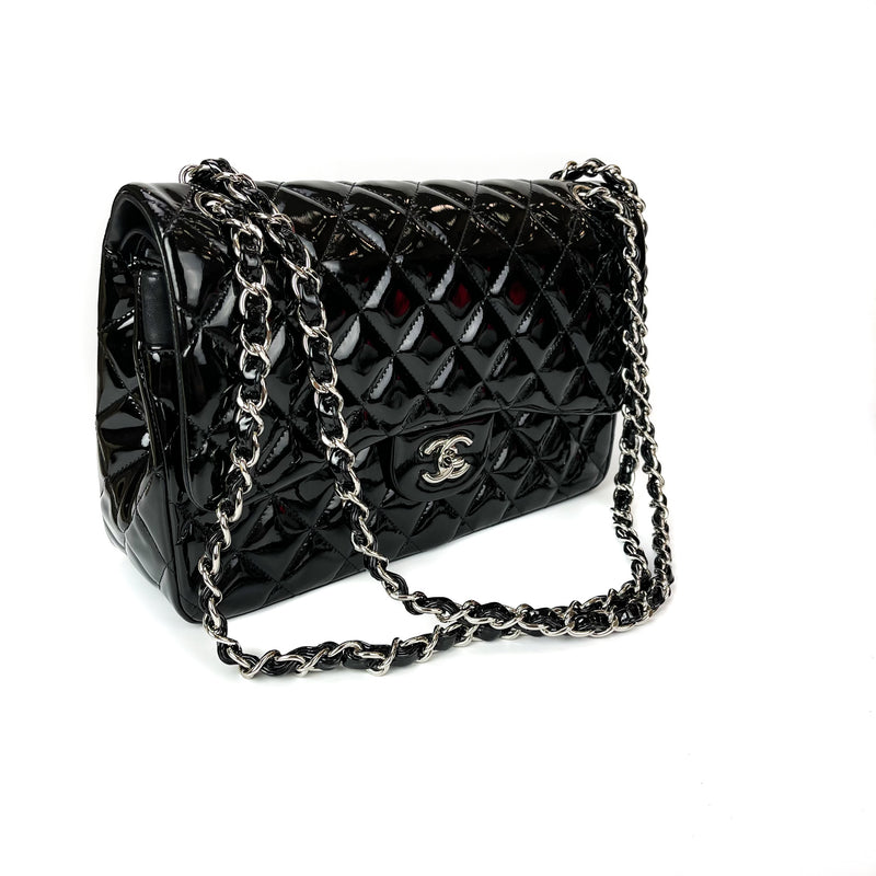 Double Flap Jumbo Quilted Patent Bag in Black with SHW