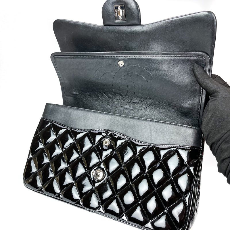 Double Flap Jumbo Quilted Patent Bag in Black with SHW