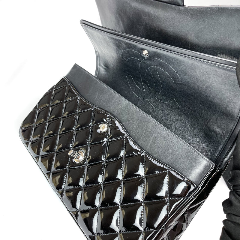 Double Flap Jumbo Quilted Patent Bag in Black with SHW