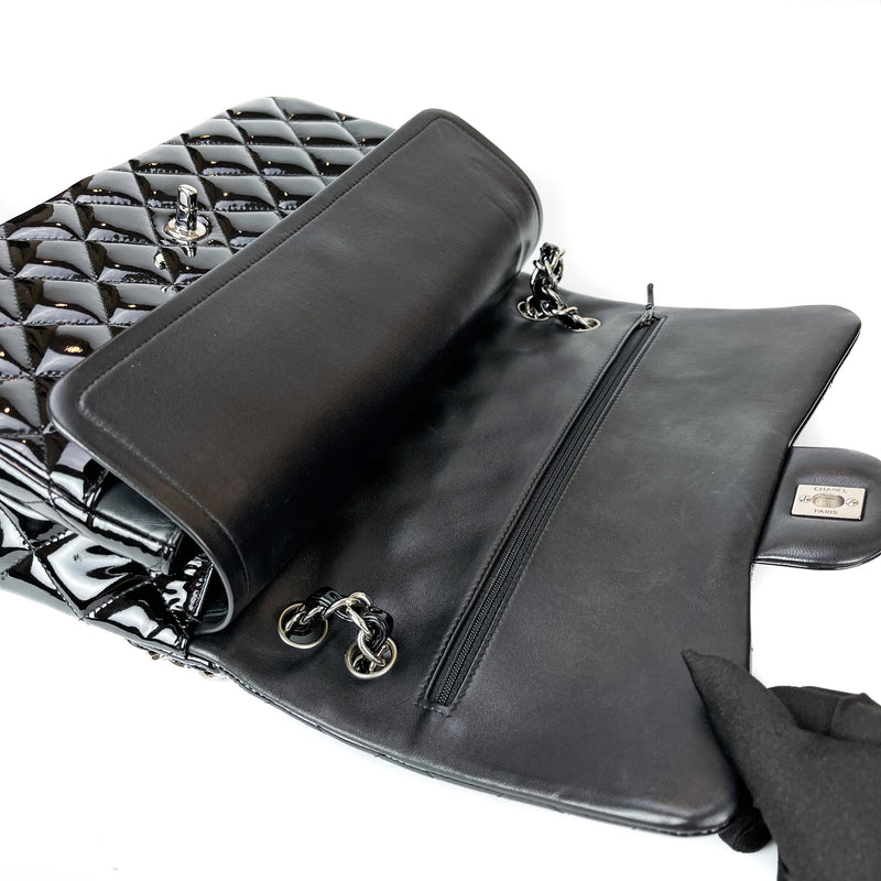 Double Flap Jumbo Quilted Patent Bag in Black with SHW