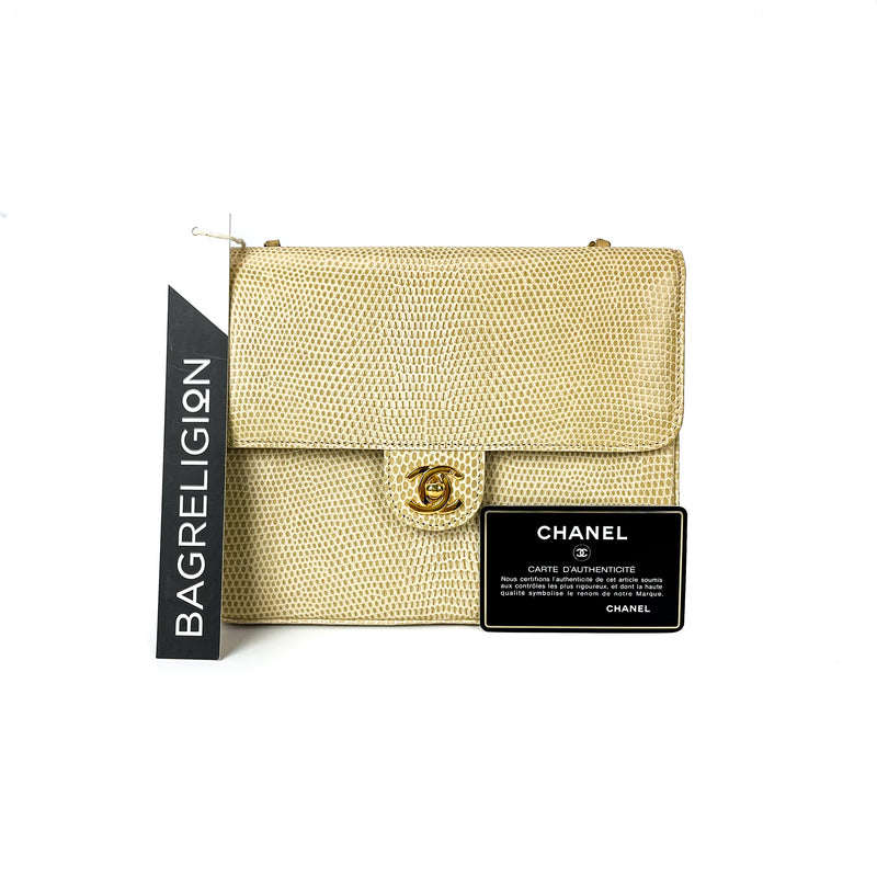 Lizard Mini Square Flap in Beige with GHW