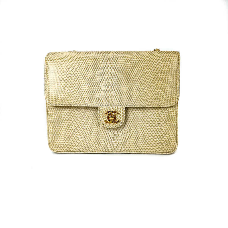 Lizard Mini Square Flap in Beige with GHW