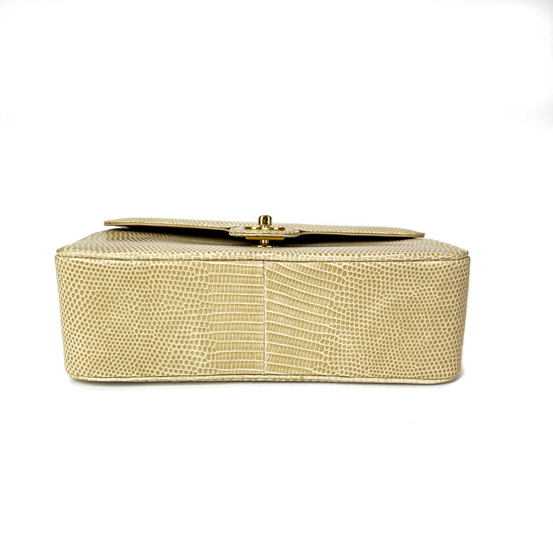 Lizard Mini Square Flap in Beige with GHW