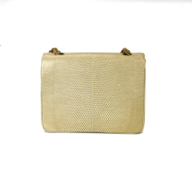 Lizard Mini Square Flap in Beige with GHW