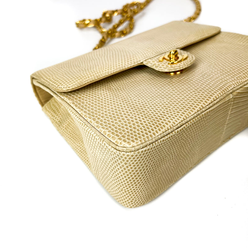 Lizard Mini Square Flap in Beige with GHW