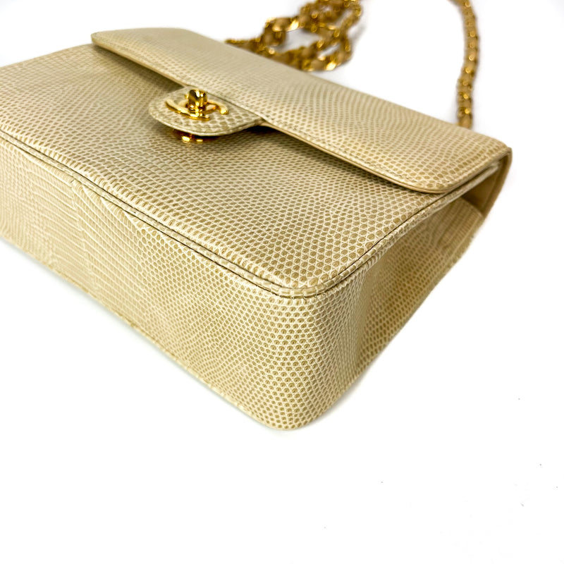 Lizard Mini Square Flap in Beige with GHW