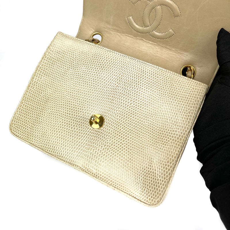 Lizard Mini Square Flap in Beige with GHW