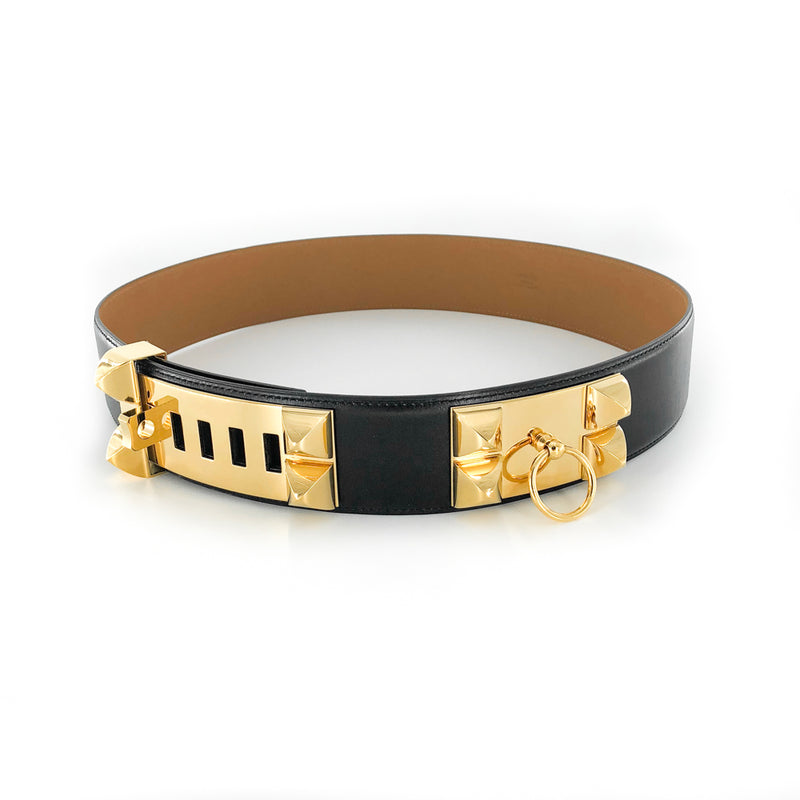 Hermes Black Swift Leather Gold Plated Collier De Chien 24