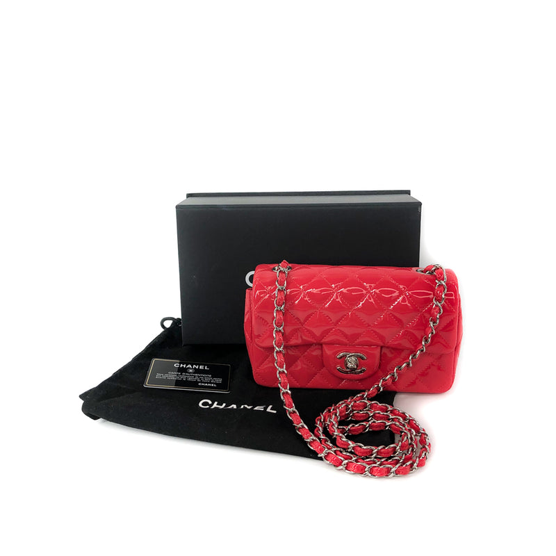 Mini Rectangle Flap Bag in Dark Pink Quilted Patent Leather