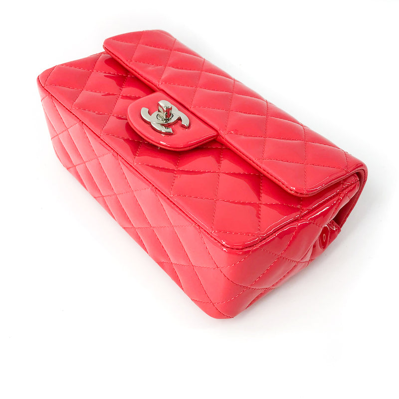 🌺 CHANEL Black Patent Leather Rectangular Mini Flap Bag Silver HW Pink  Interior