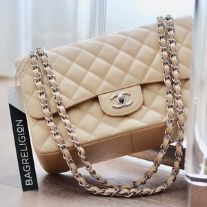 Double Flap Caviar Jumbo in Beige Claire Silver Hardware