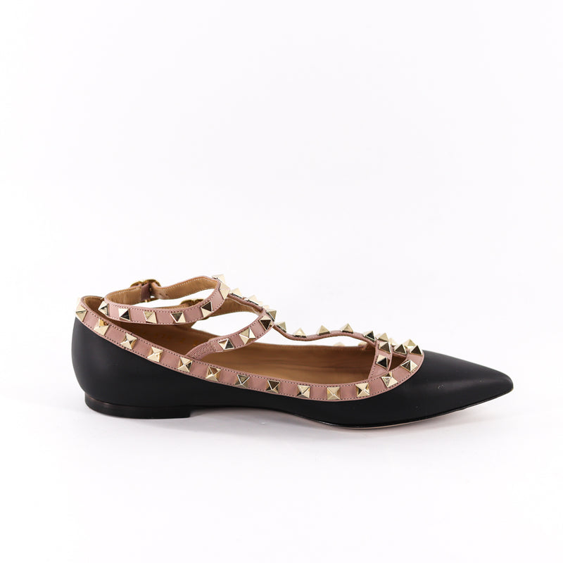 Rockstud Ballerina Strap Flats in Black Leather