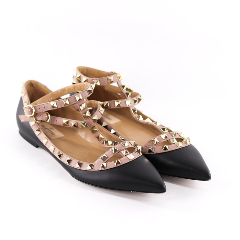 Rockstud Ballerina Strap Flats in Black Leather