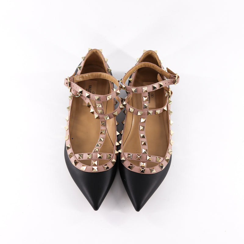 Rockstud Ballerina Strap Flats in Black Leather