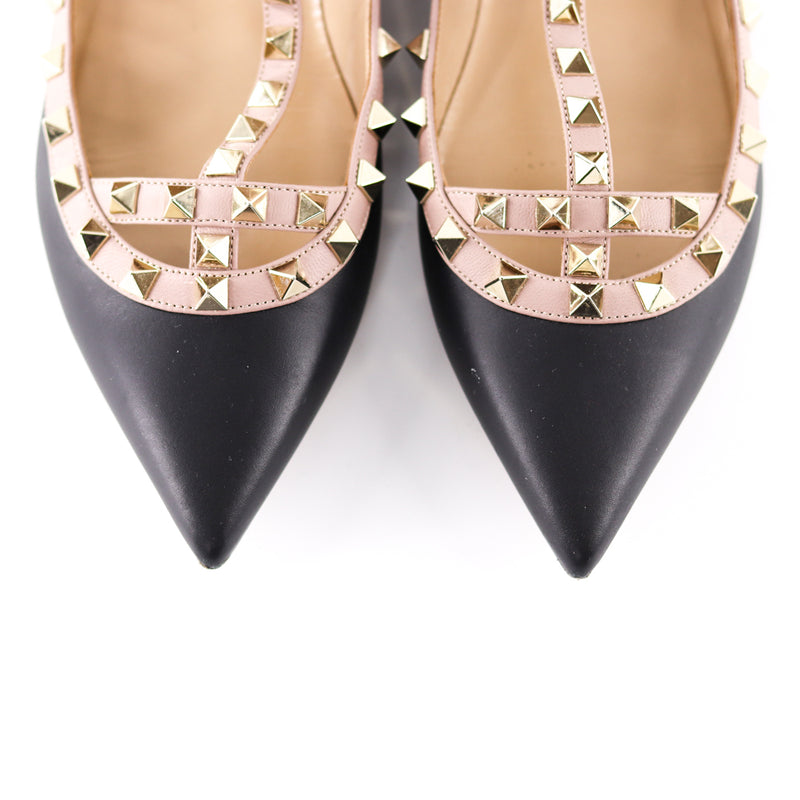 Rockstud Ballerina Strap Flats in Black Leather