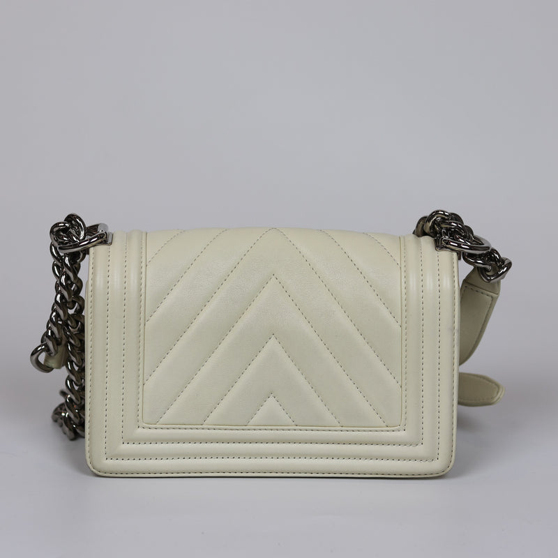 Chevron Quilted Small Boy Off White Calfskin with SHW