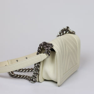 Chevron Quilted Small Boy Off White Calfskin with SHW