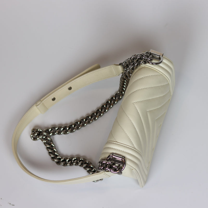 Chevron Quilted Small Boy Off White Calfskin with SHW