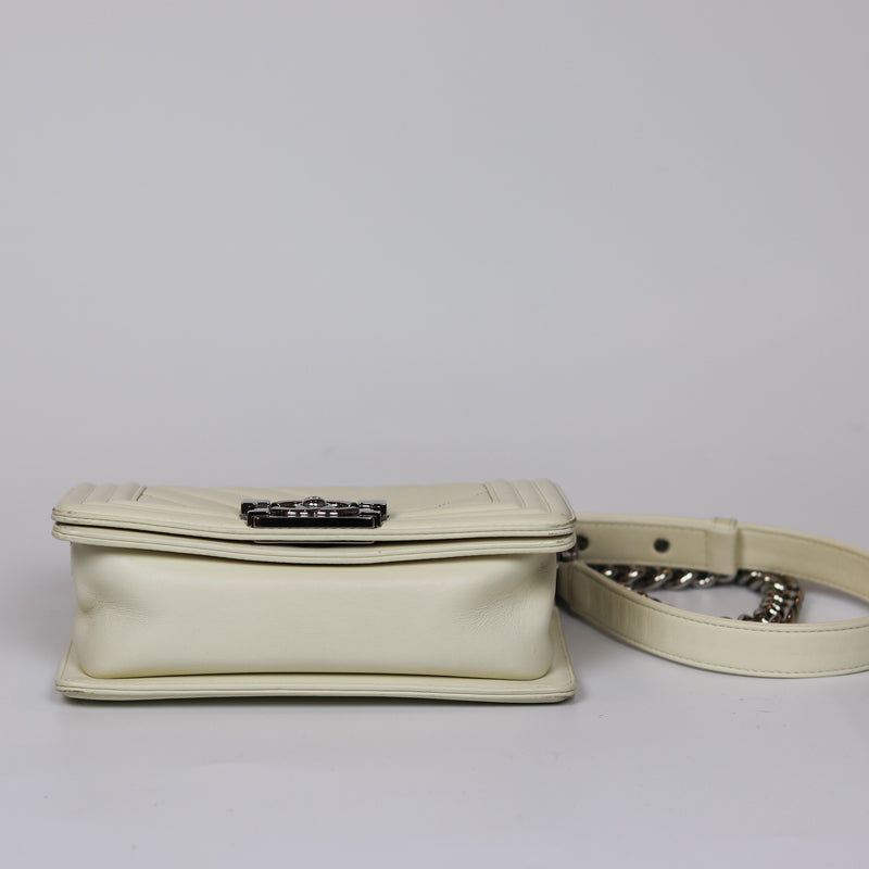 Chevron Quilted Small Boy Off White Calfskin with SHW