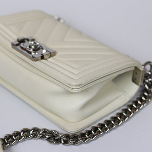Chevron Quilted Small Boy Off White Calfskin with SHW