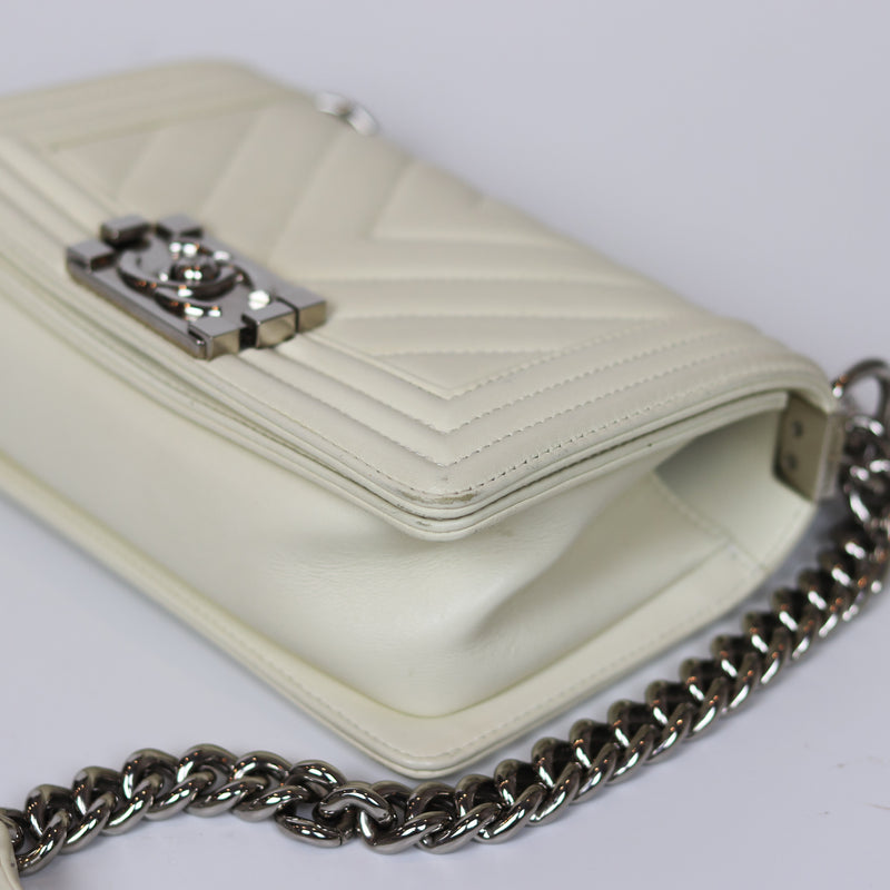 Chevron Quilted Small Boy Off White Calfskin with SHW