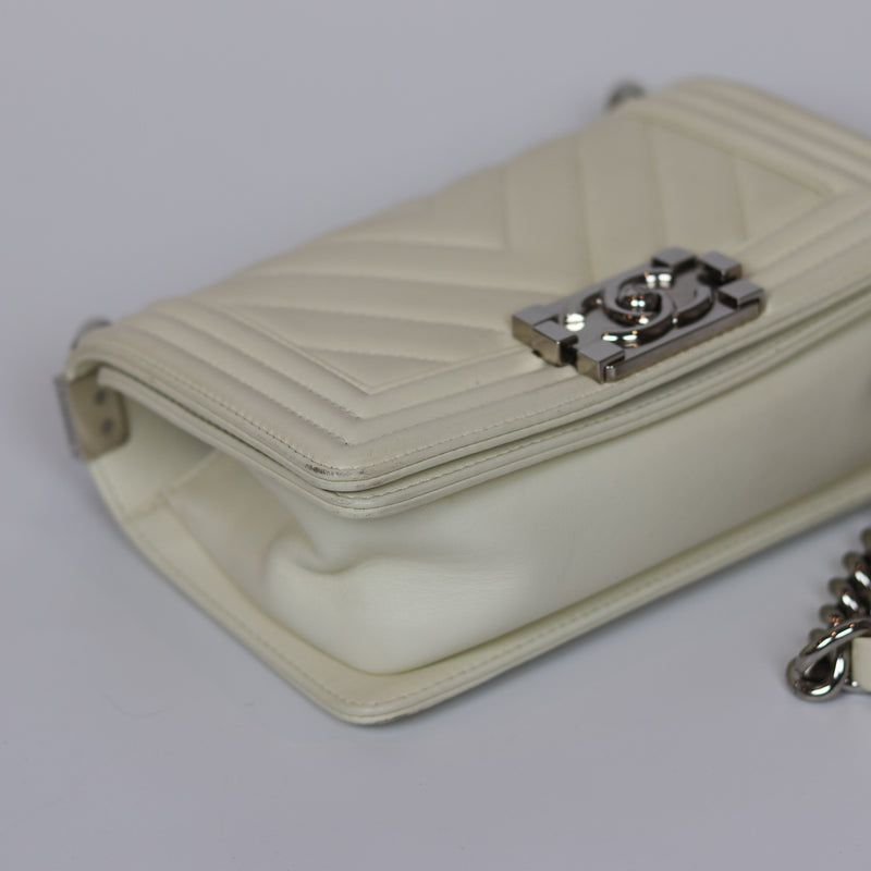 Chevron Quilted Small Boy Off White Calfskin with SHW