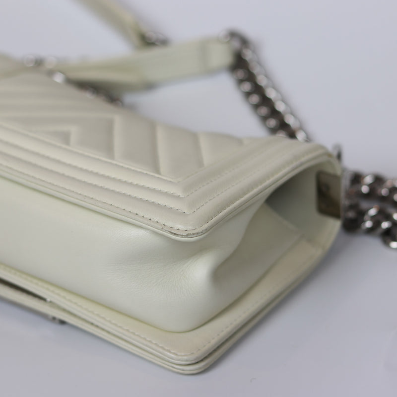 Chevron Quilted Small Boy Off White Calfskin with SHW