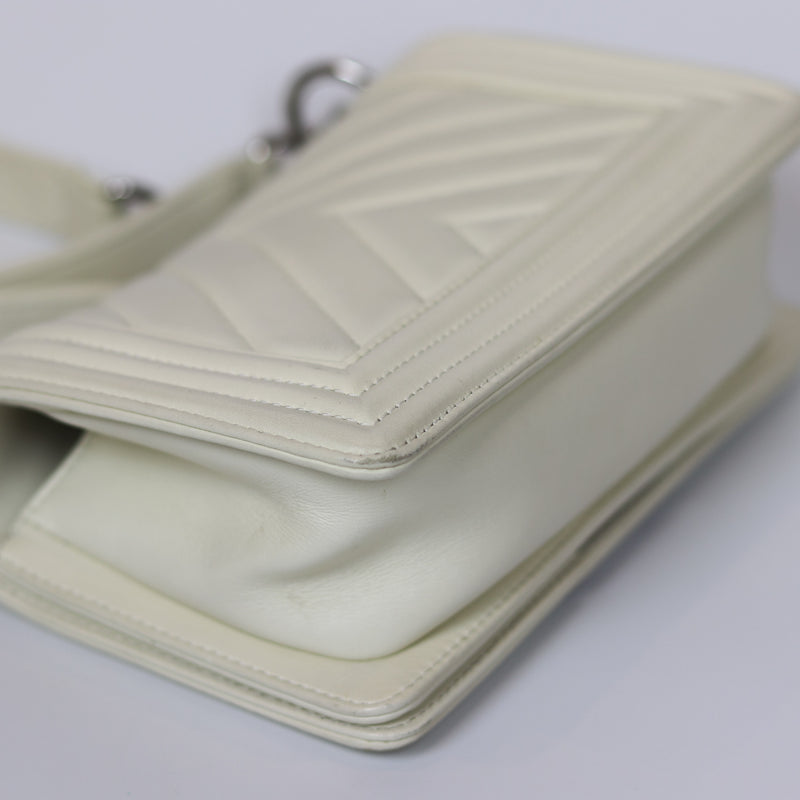 Chevron Quilted Small Boy Off White Calfskin with SHW