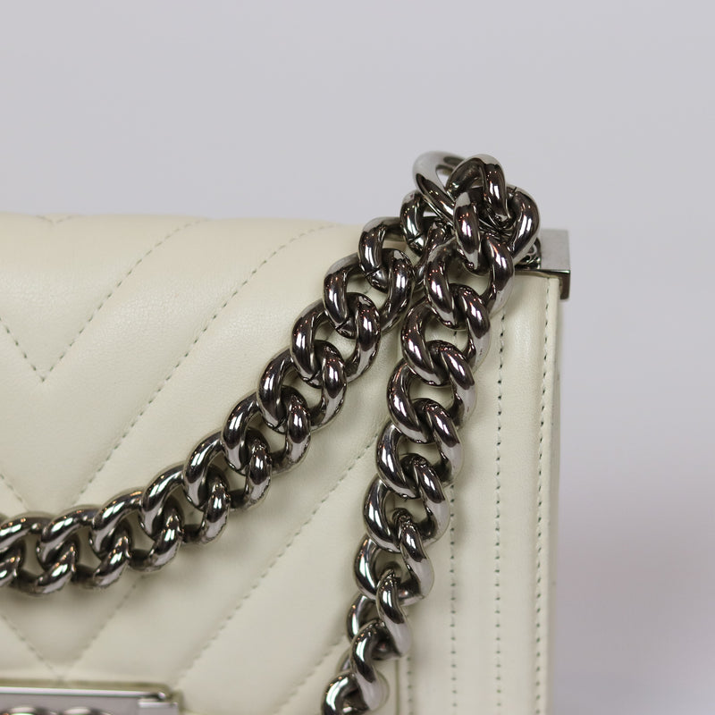 Chevron Quilted Small Boy Off White Calfskin with SHW