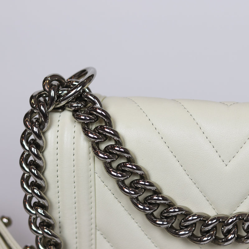 Chevron Quilted Small Boy Off White Calfskin with SHW