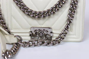 Chevron Quilted Small Boy Off White Calfskin with SHW