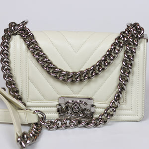 Chevron Quilted Small Boy Off White Calfskin with SHW