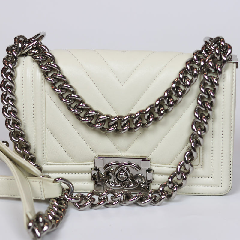 Chevron Quilted Small Boy Off White Calfskin with SHW
