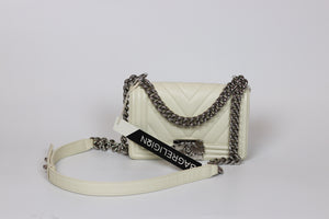 Chevron Quilted Small Boy Off White Calfskin with SHW