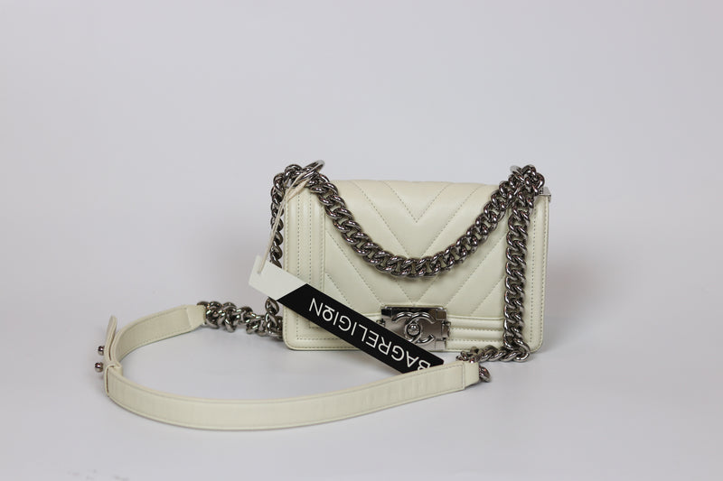 Chevron Quilted Small Boy Off White Calfskin with SHW