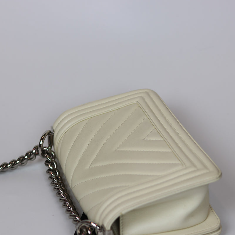 Chevron Quilted Small Boy Off White Calfskin with SHW