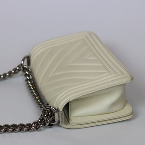 Chevron Quilted Small Boy Off White Calfskin with SHW