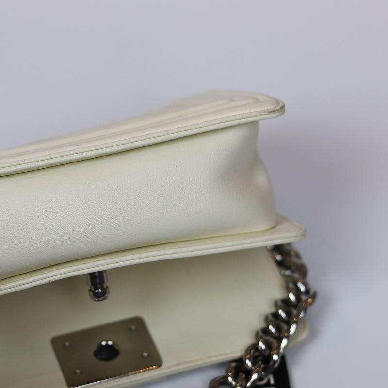 Chevron Quilted Small Boy Off White Calfskin with SHW