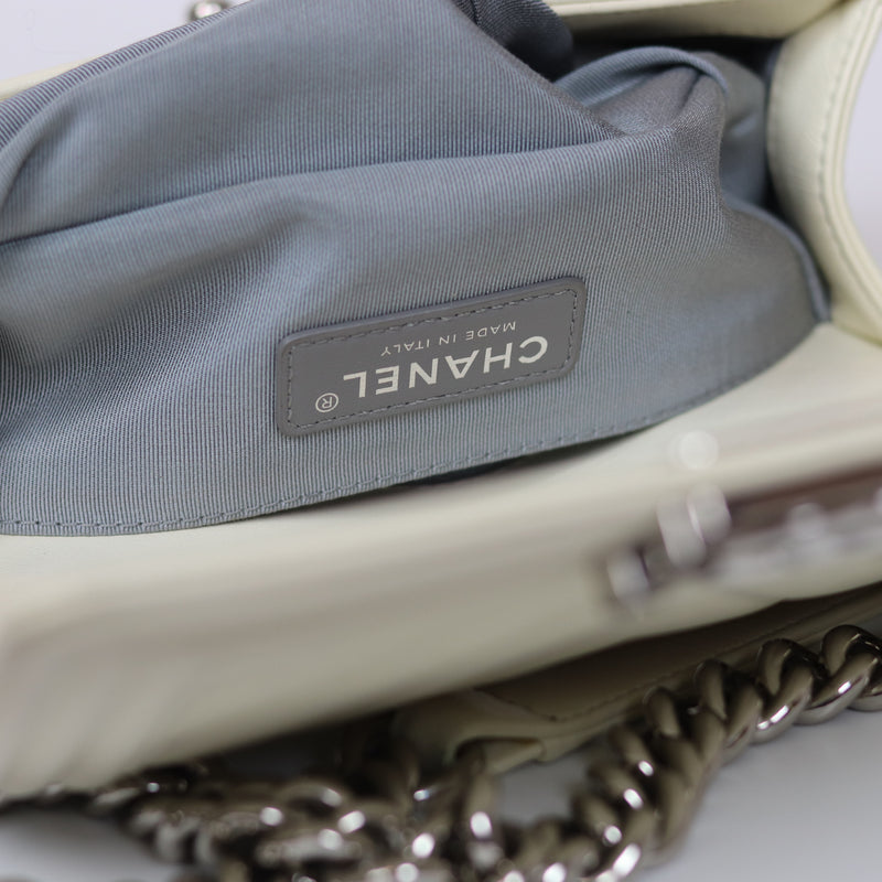 Chevron Quilted Small Boy Off White Calfskin with SHW