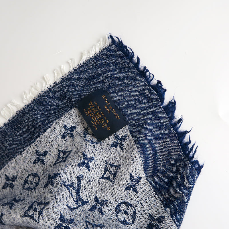 Louis Vuitton Silk & Wool Monogram Denim Monogram Shawl (SHF-21518