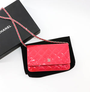 Bright Pink Quilted Patent Flap WOC with SHW