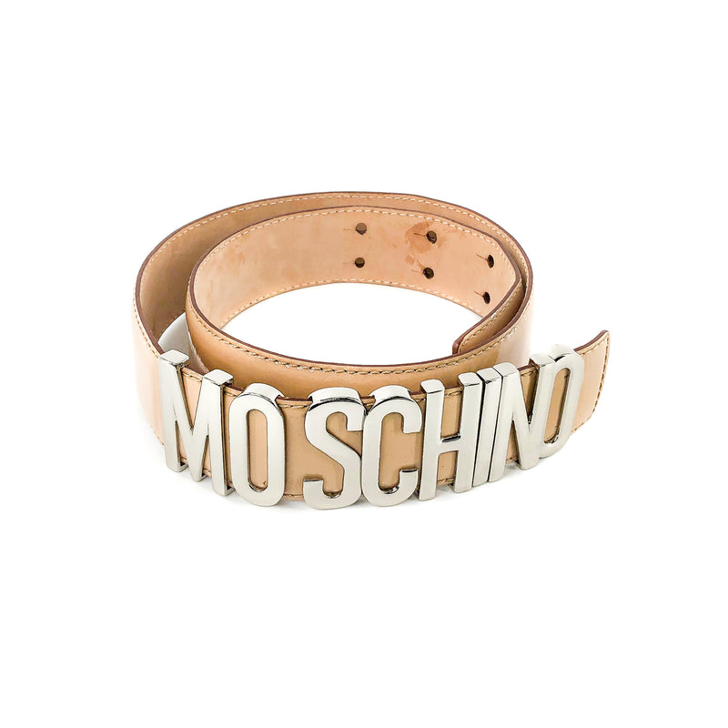 Silver Logo ''Moschino" Embellished Leather Belt in Beige